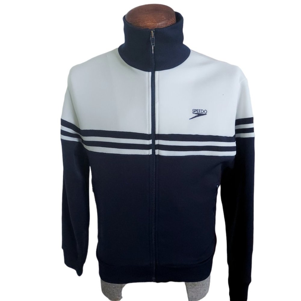 VTG SPEEDO Men's Navy Blue & White Full Zip Warmup Jogging Jacket Size Medium